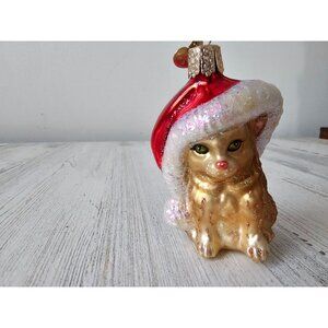 Old world OWC cats Santa's hat glass ornament glitter gold‎ Xmas tree
